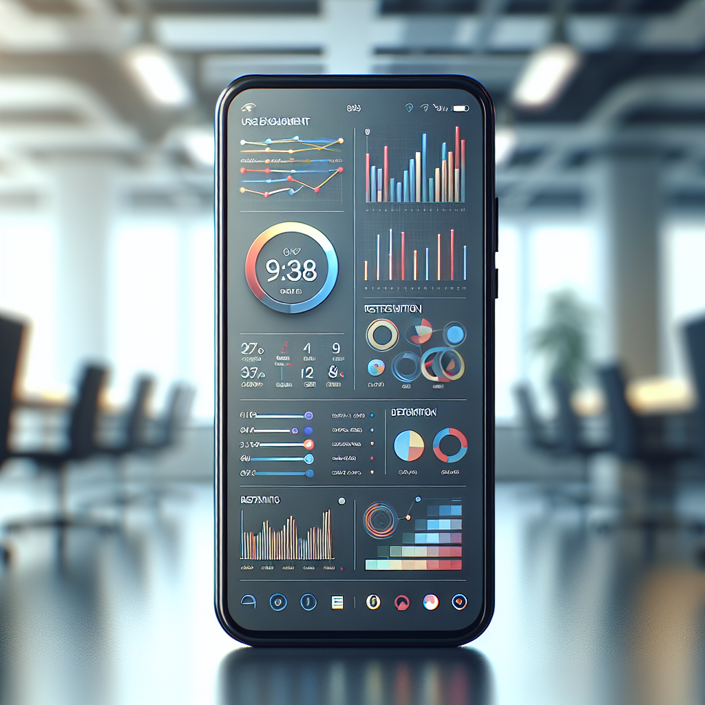A smartphone showing colorful analytics data on its screen in a blurred office background.