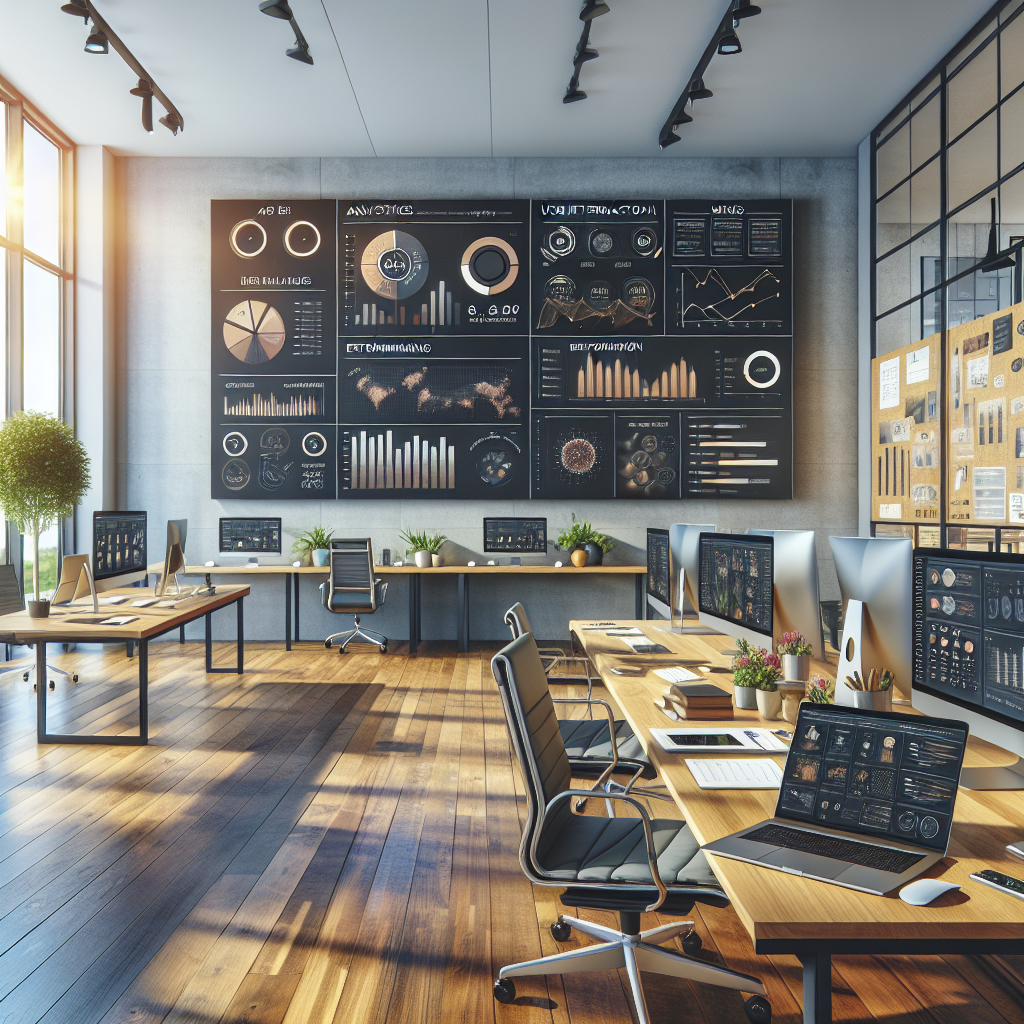 A modern workspace with a computer screen showing analytical data graphs related to mobile app development.