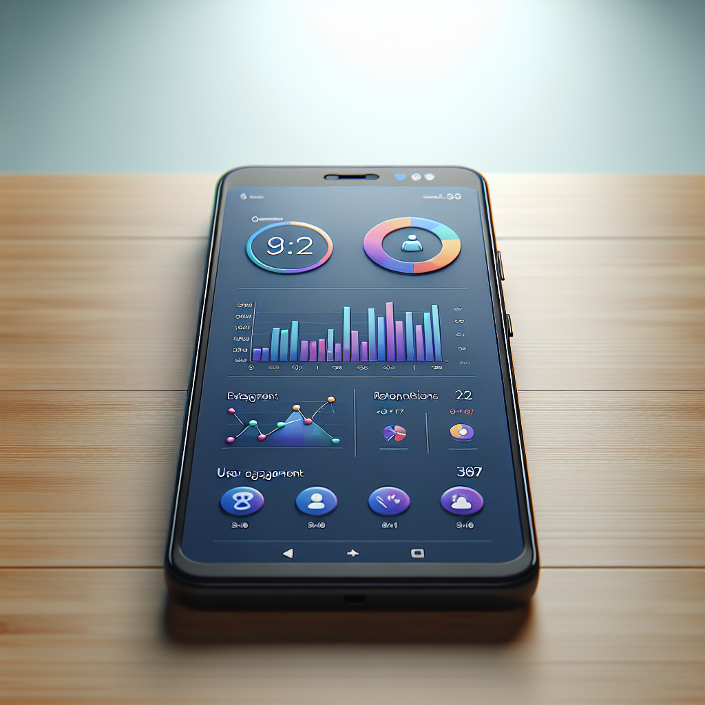 A modern analytics app interface on an Android smartphone with colorful graphs and charts.