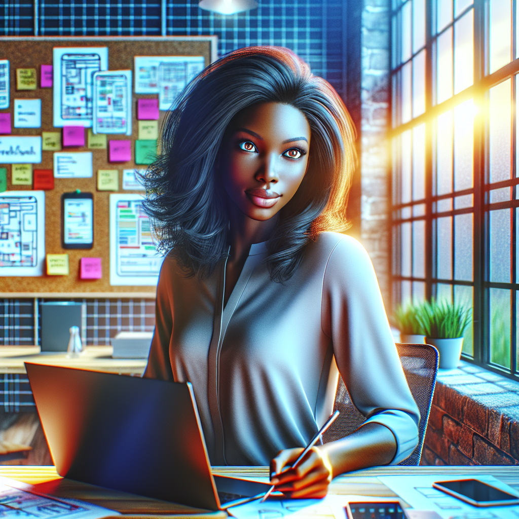 A mobile app designer working in an office with wireframes and prototypes around her.
