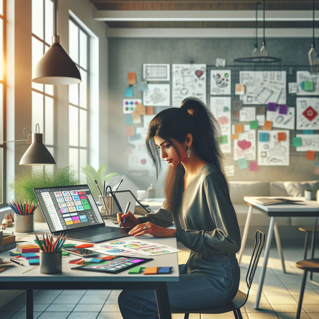 A mobile app designer working at a modern desk with design sketches and digital tools.