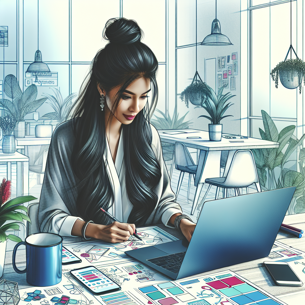 A mobile app designer working in a modern workspace.