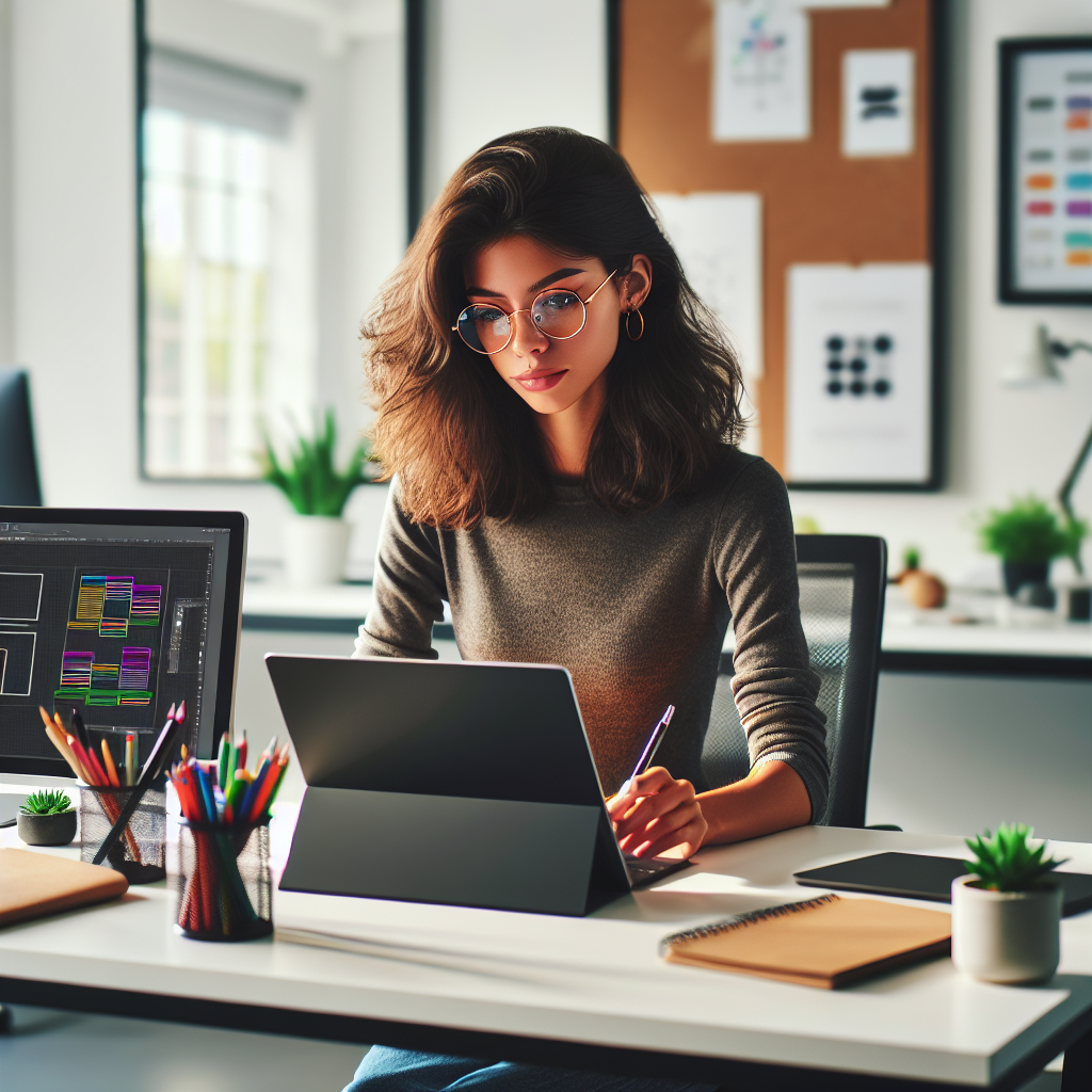 A mobile app designer focused on her laptop in a modern workspace, surrounded by design tools.