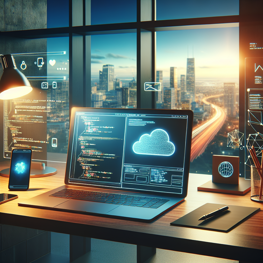 A mobile app developer's workspace with a modern laptop and a smartphone, showcasing a city skyline in the background.