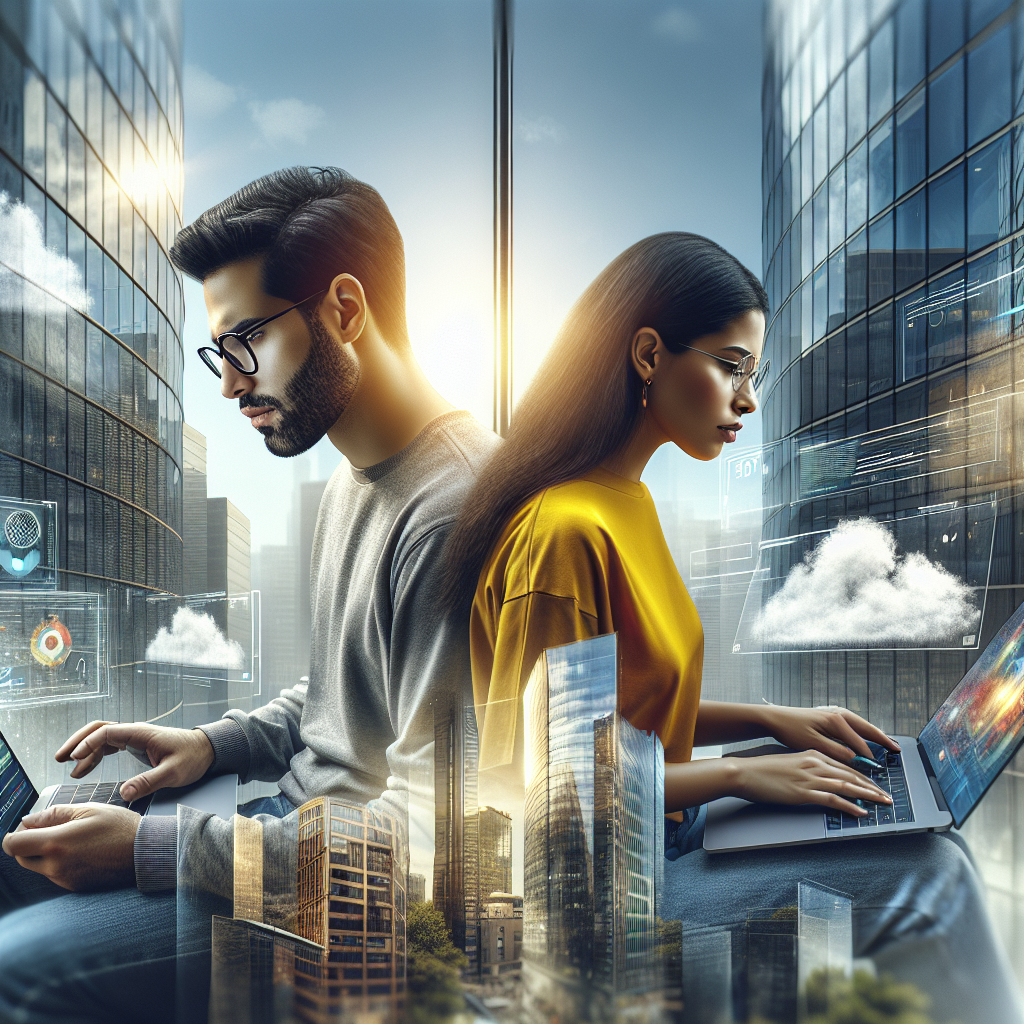 A modern urban landscape featuring mobile application developers working on laptops amidst office buildings.