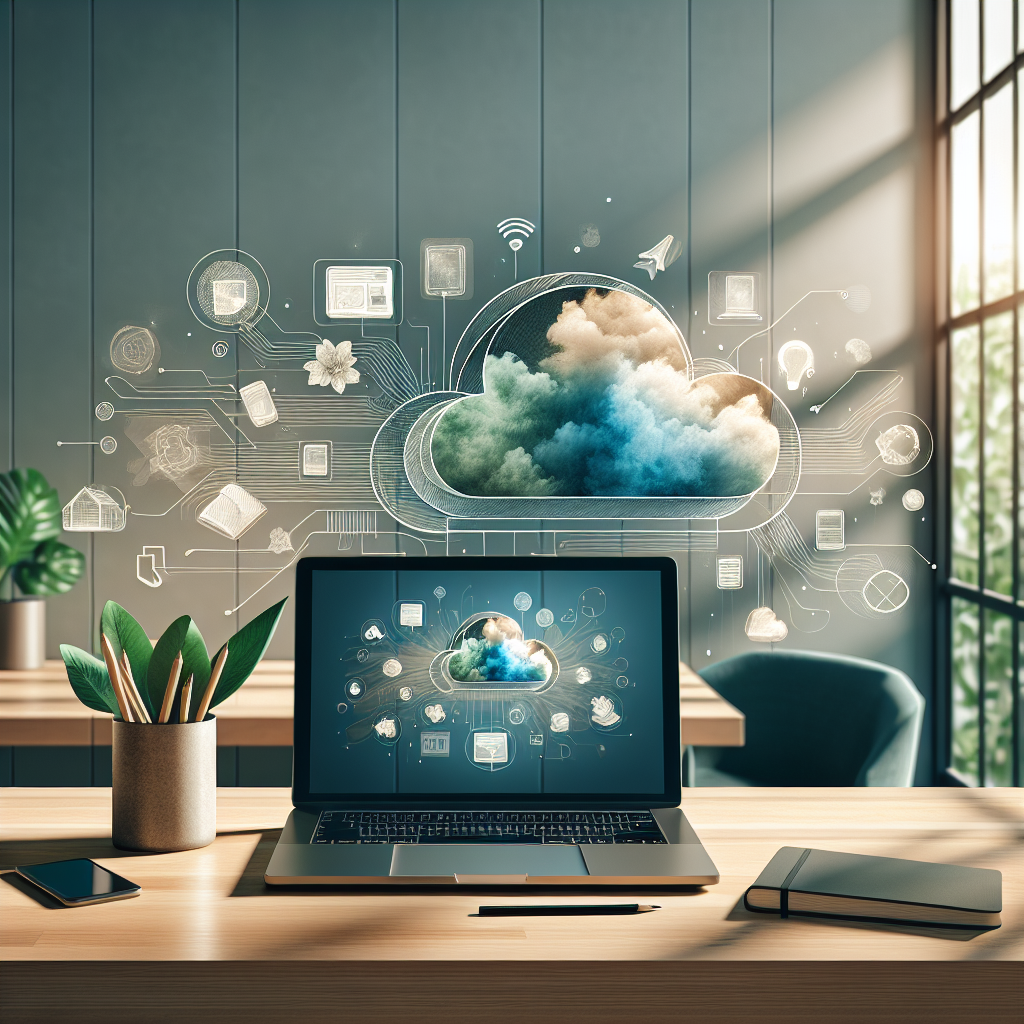 A modern workspace with a laptop on a wooden desk and cloud-themed illustrations.