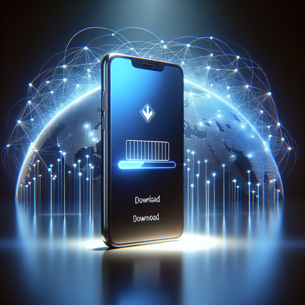 Illustration of speed optimization techniques for app downloads, featuring a smartphone and a data network.