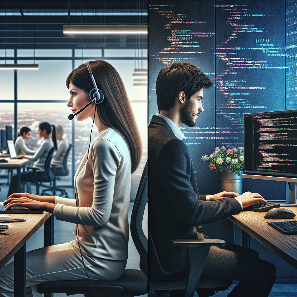 A split image showing an application support professional on the left and a developer on the right, each in their work environment.