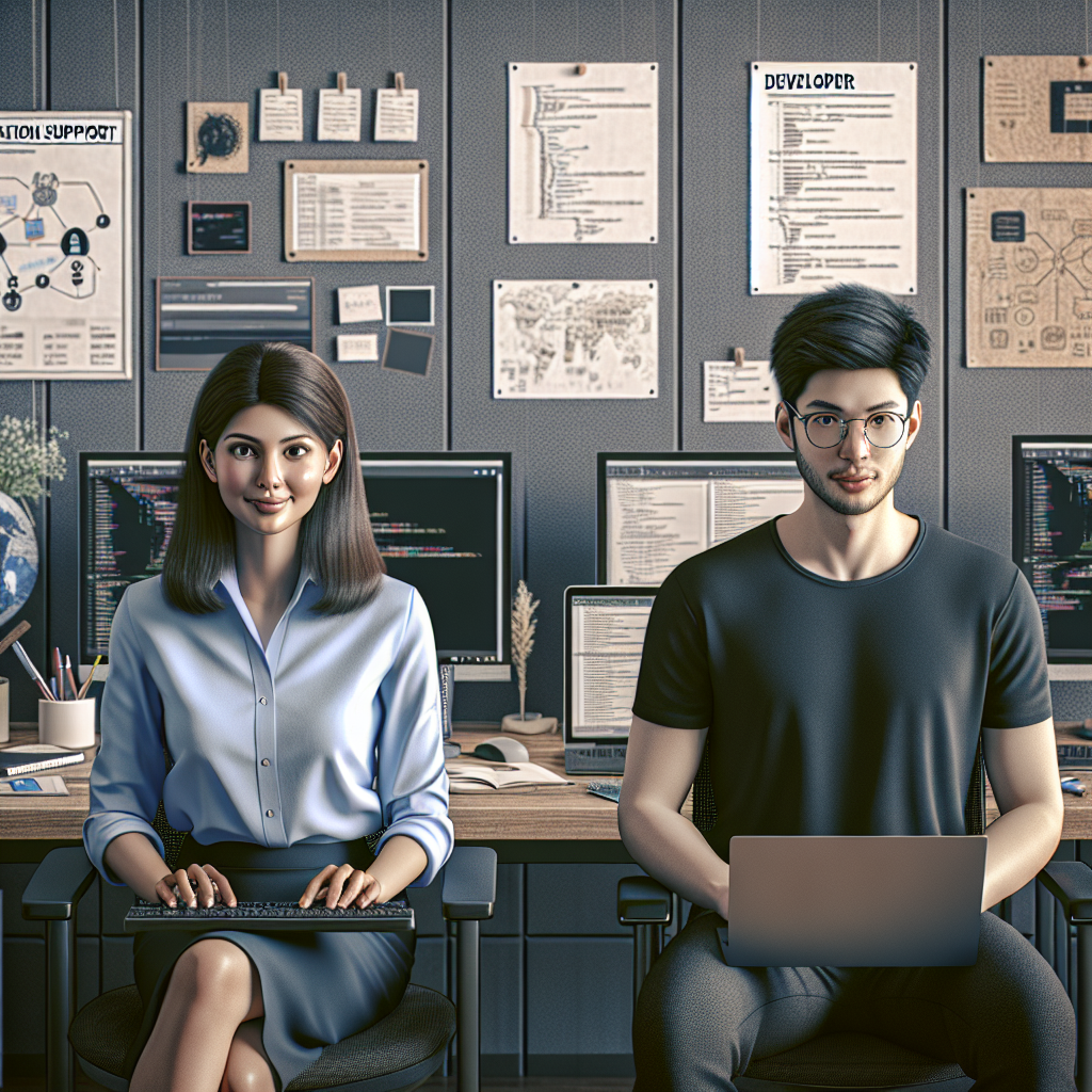 Two professionals in an office, one working in application support and the other in development.