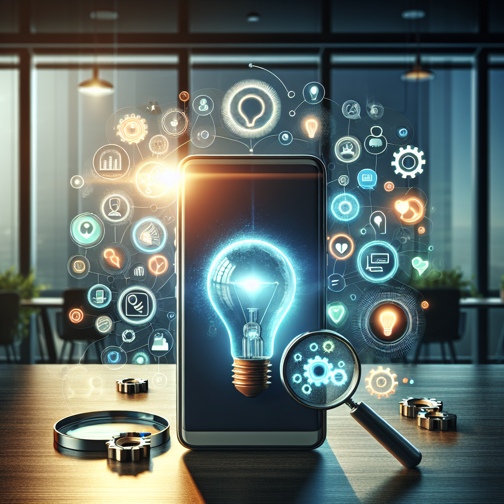 Visual representation of mobile app strategy insights with a smartphone, light bulb, magnifying glass, and gears.