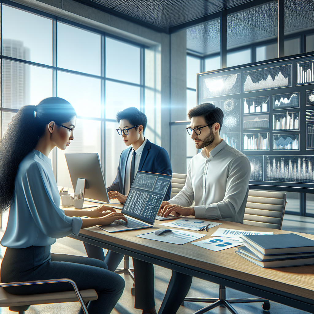 A diverse group of professionals analyzing business data in a modern office.