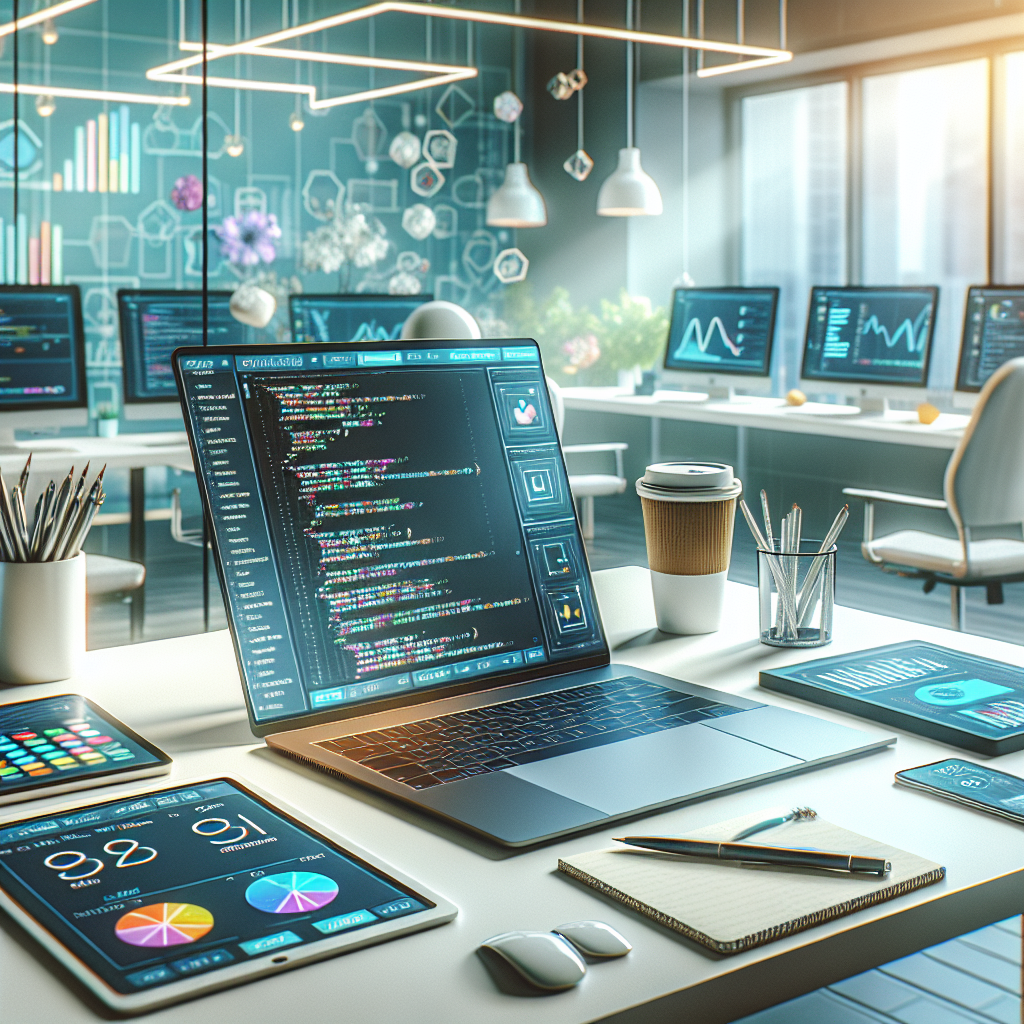 A digital workspace showcasing a laptop and app development tools.