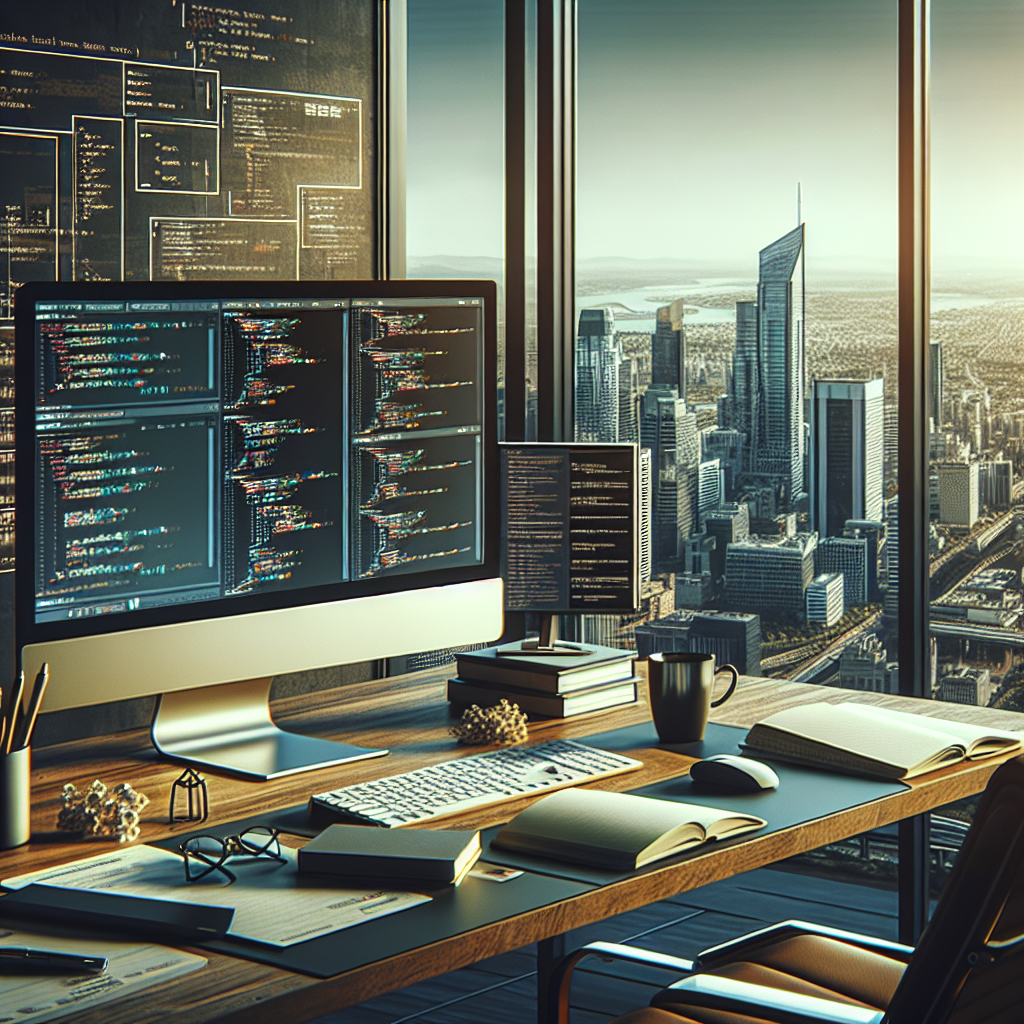A modern office workspace for app development with a computer and city view.