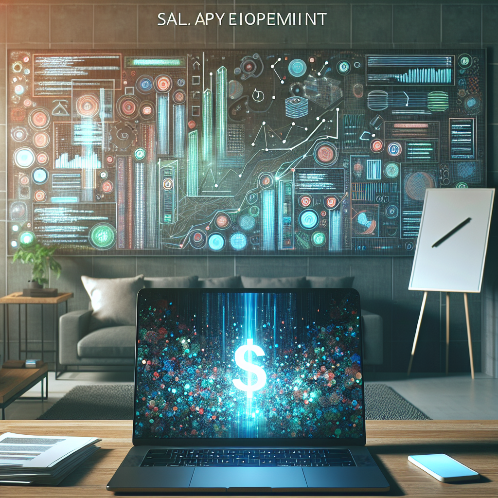 A modern workspace with a laptop showing app code and a whiteboard with charts depicting salary trends.