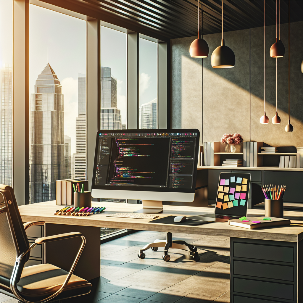A modern workspace for app development with a laptop, notepad, and cityscape views.