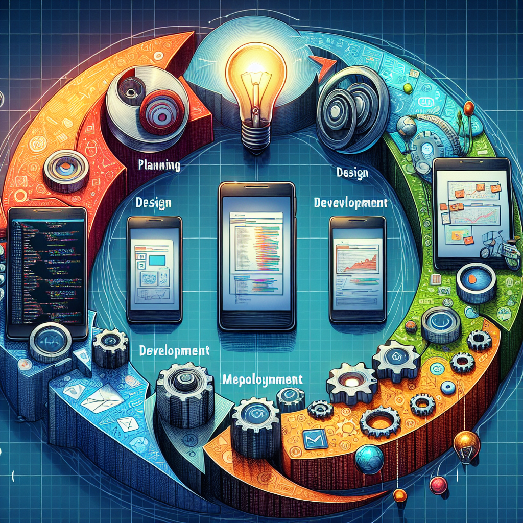 A visual representation of the mobile application development life cycle with icons for each phase.