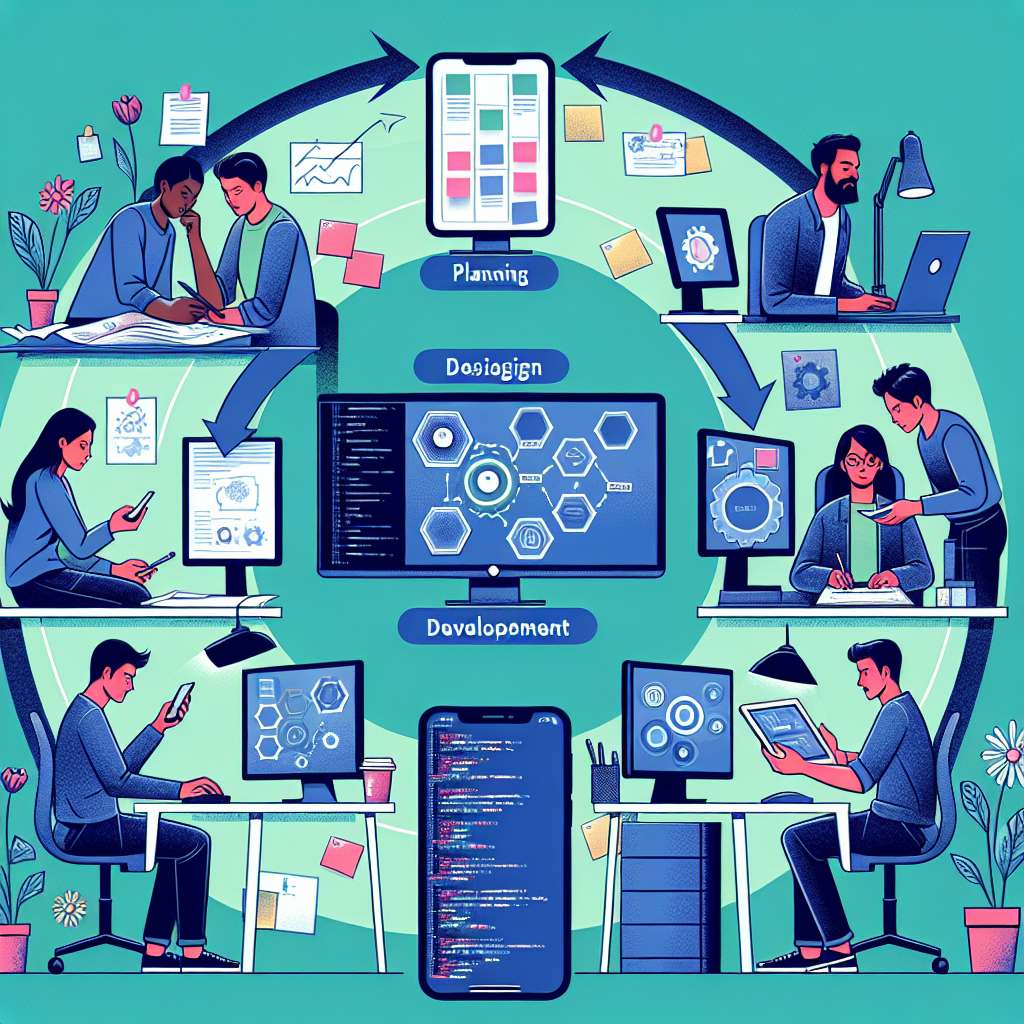 Illustration of the mobile application development life cycle with six distinct phases.