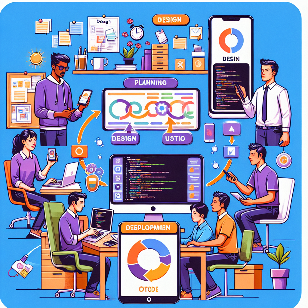 Illustration of mobile application development life cycle with six phases represented visually.