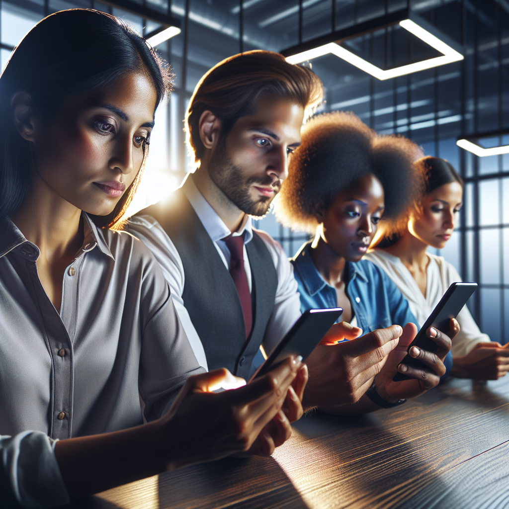 A diverse group of people using mobile devices in a modern office setting.