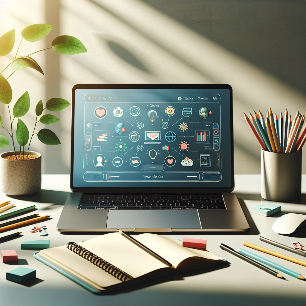 A modern workspace setup with a laptop, stationery, and a potted plant.