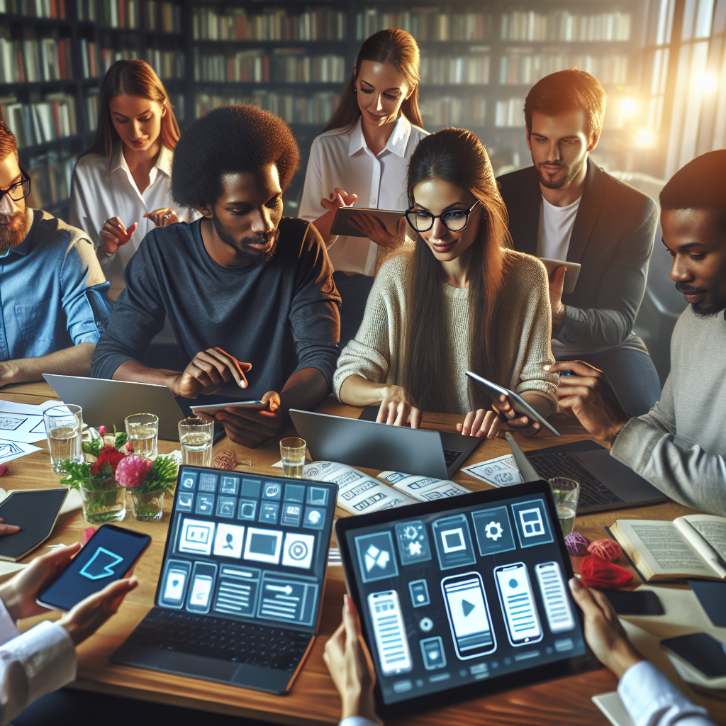 A group of diverse people collaborating on mobile app development in a modern workspace.
