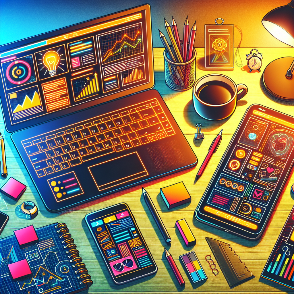 A realistic workspace for mobile app development featuring a laptop, smartphone, and tech gadgets.