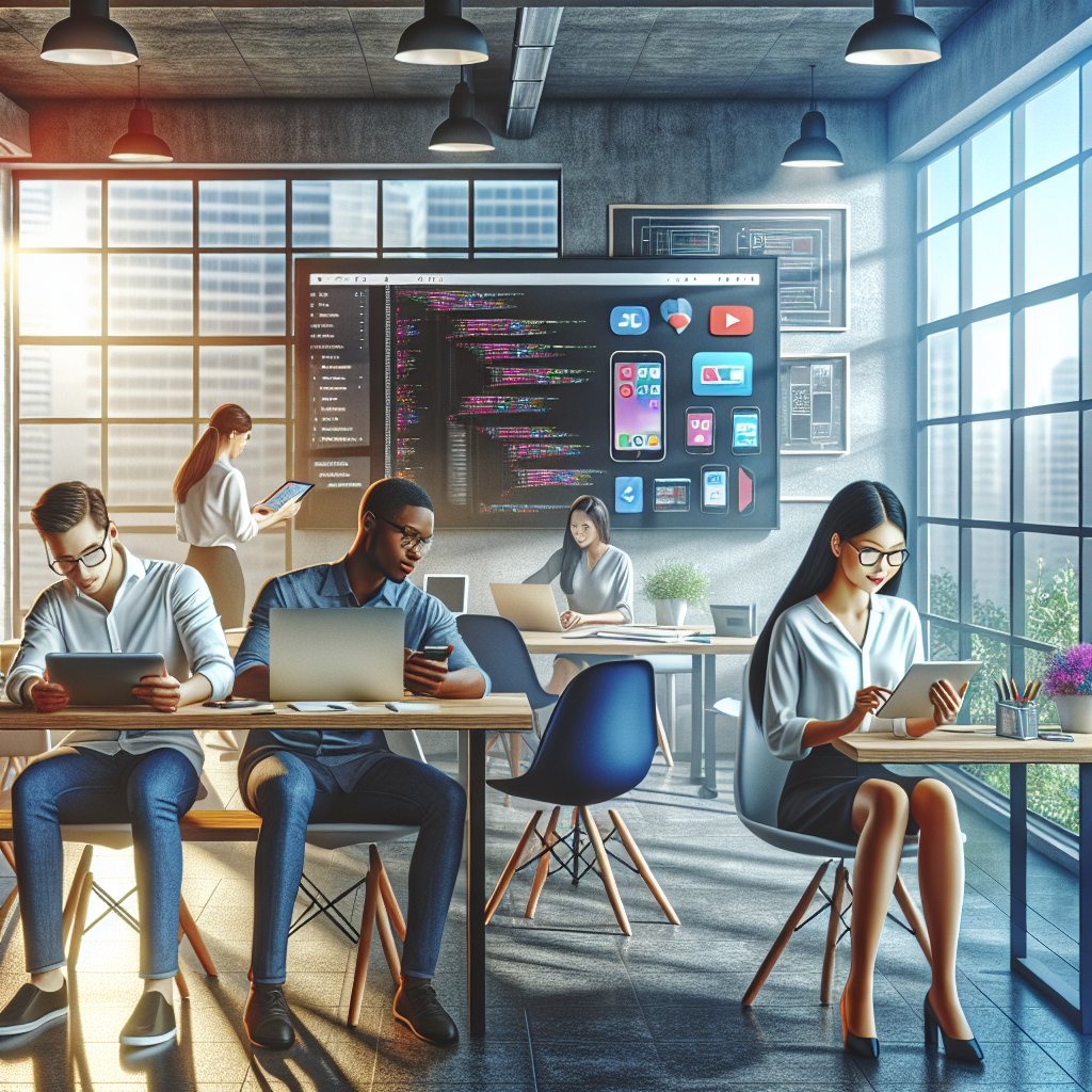 A modern classroom setting for mobile app development with diverse individuals engaging in discussions and work.