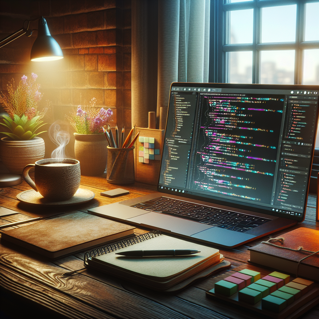 An open laptop on a wooden desk with notebooks and a steaming cup of coffee.
