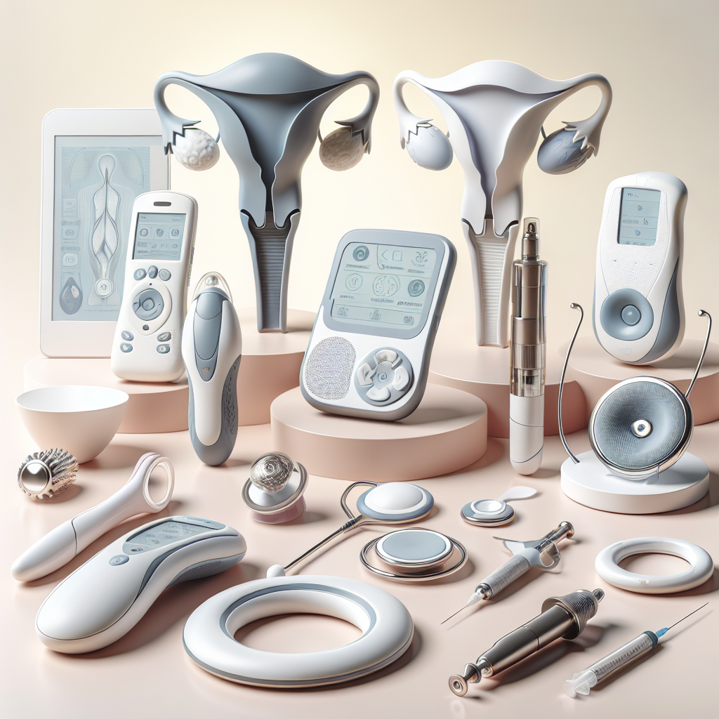 Realistic depiction of various modern pelvic health devices on a neutral background.