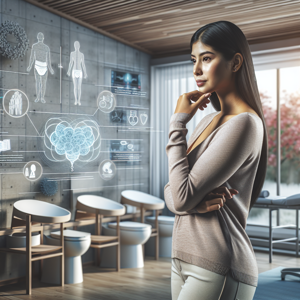 A realistic depiction of a woman focusing on incontinence management, surrounded by supportive elements and medical information.