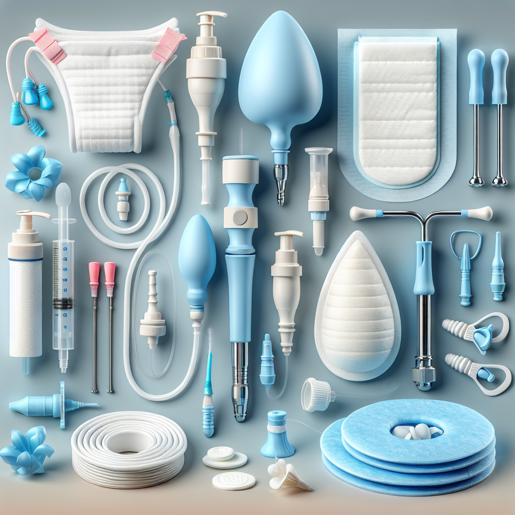 A collection of bladder control devices displayed realistically in a medical setting.