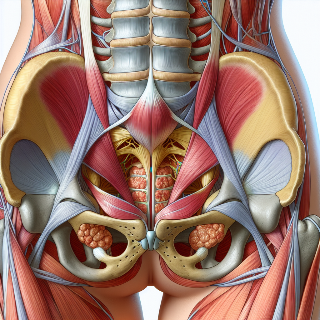 Detailed medical illustration of pelvic floor anatomy.