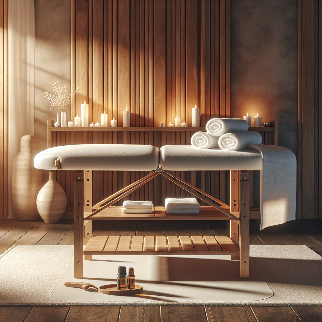A wooden massage therapy setup with a wooden table, white towels, essential oils, and ambient lighting.