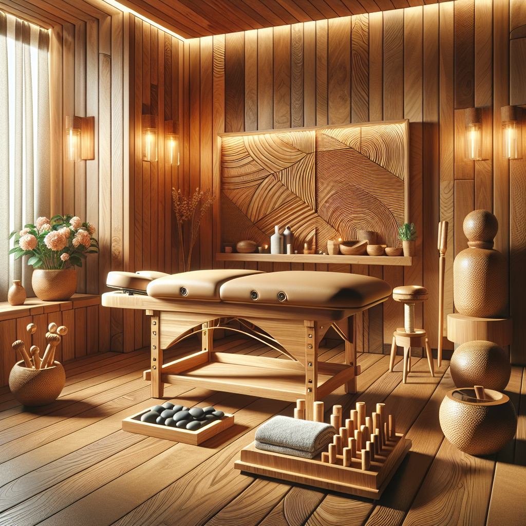 A realistic wooden massage therapy setting with a massage table, wooden tools, and ambient lighting.