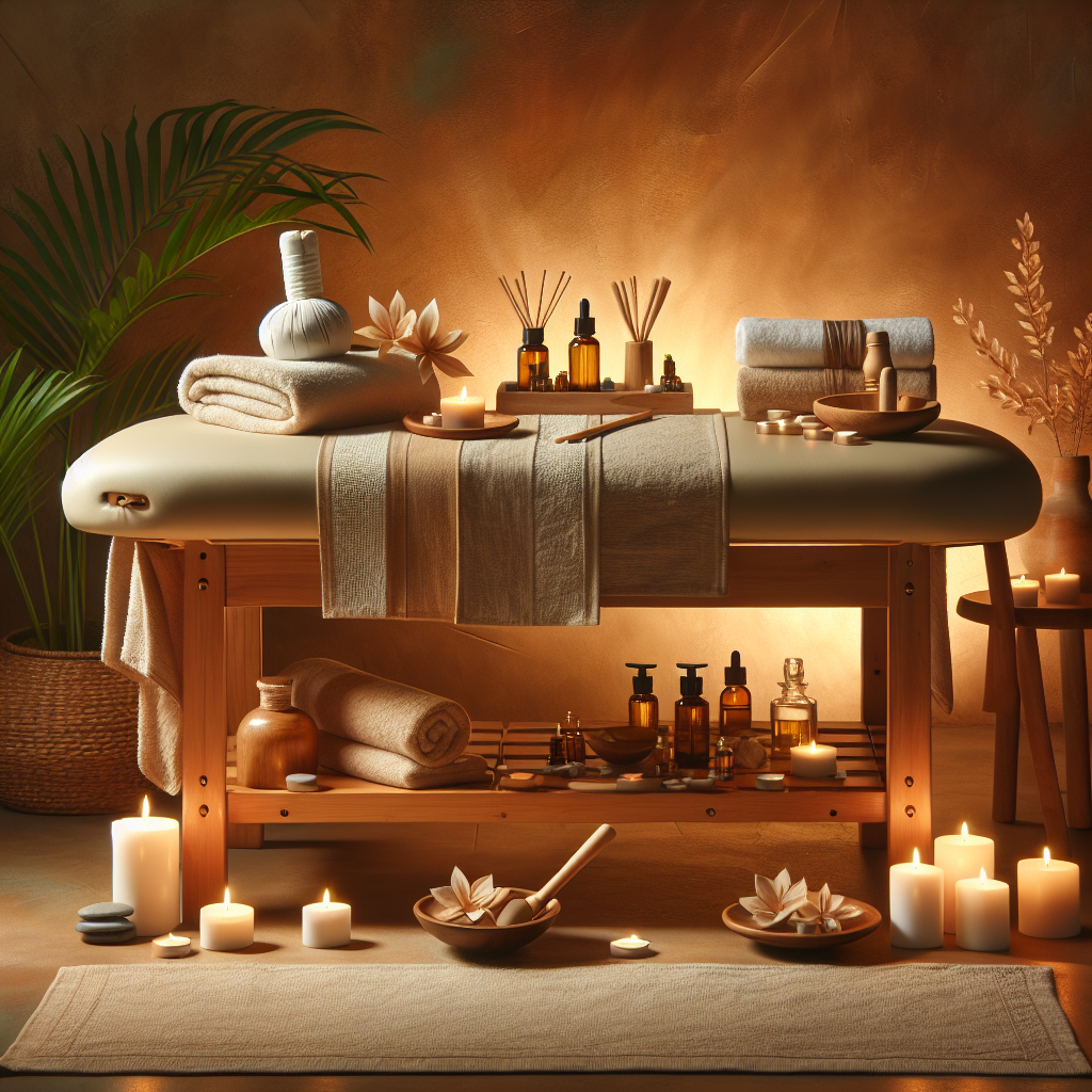 A realistic image of a wooden massage therapy setup in a peaceful environment.