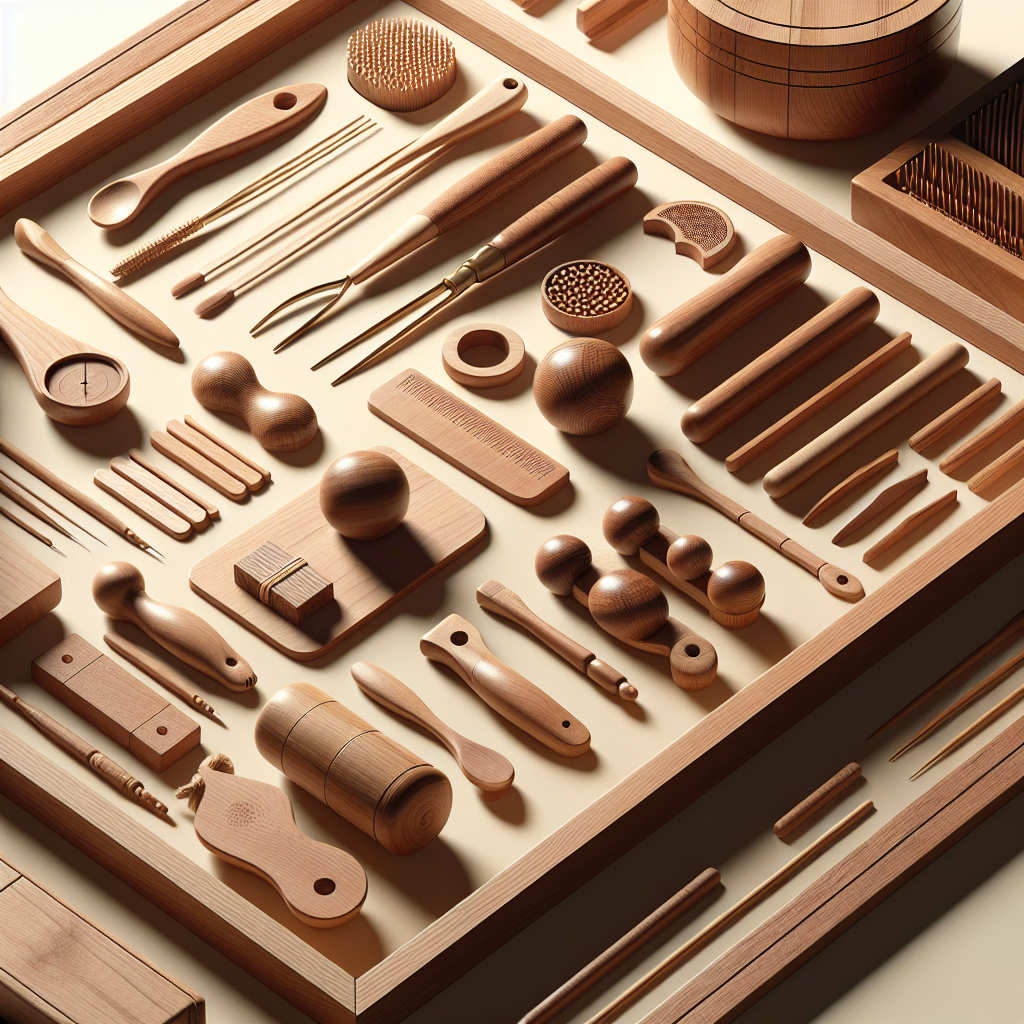 Various wood therapy tools arranged neatly on a surface, highlighting the natural grain and craftsmanship.