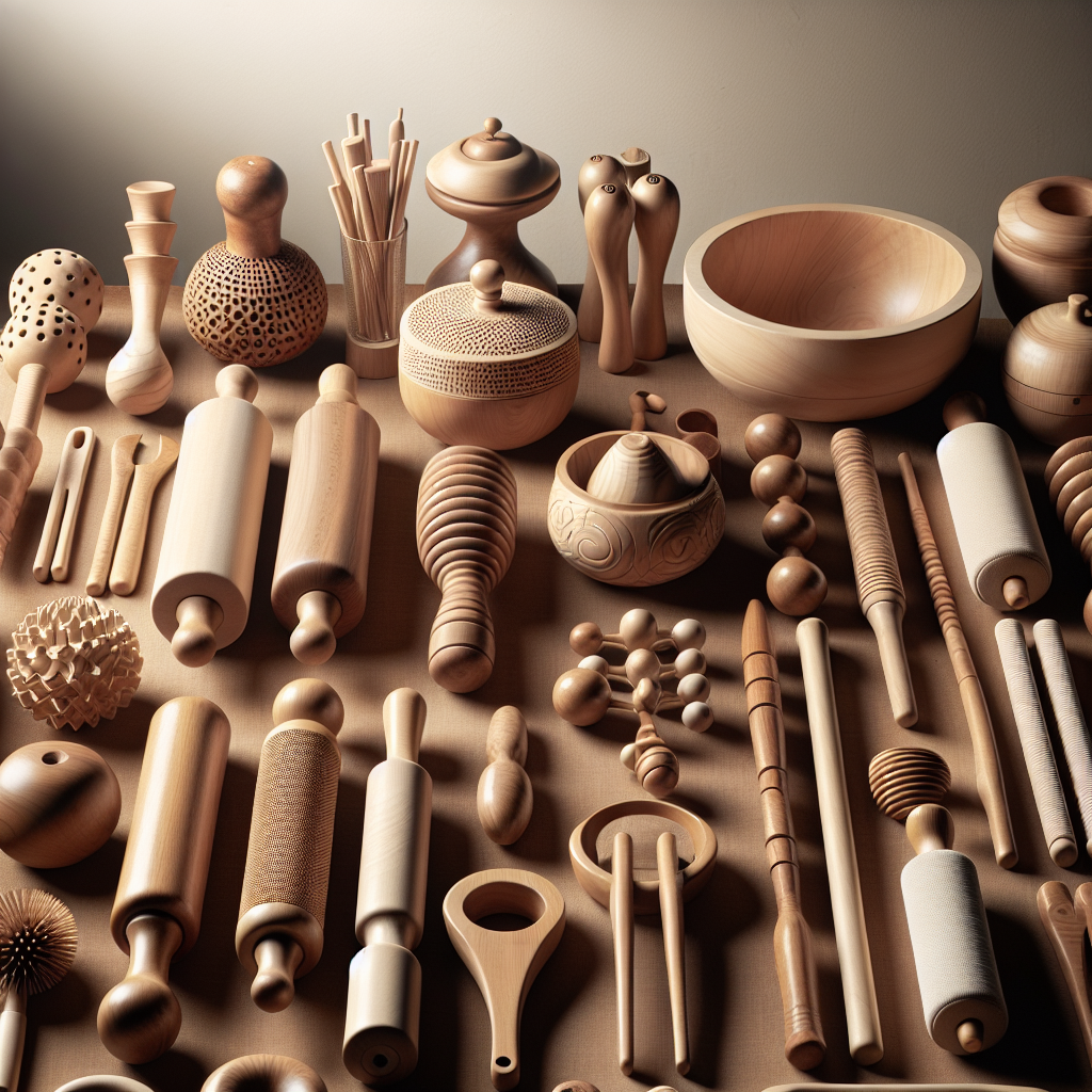Wood therapy tools including wooden rolling pins, sculpting tools, and cup massage tools on a flat surface.