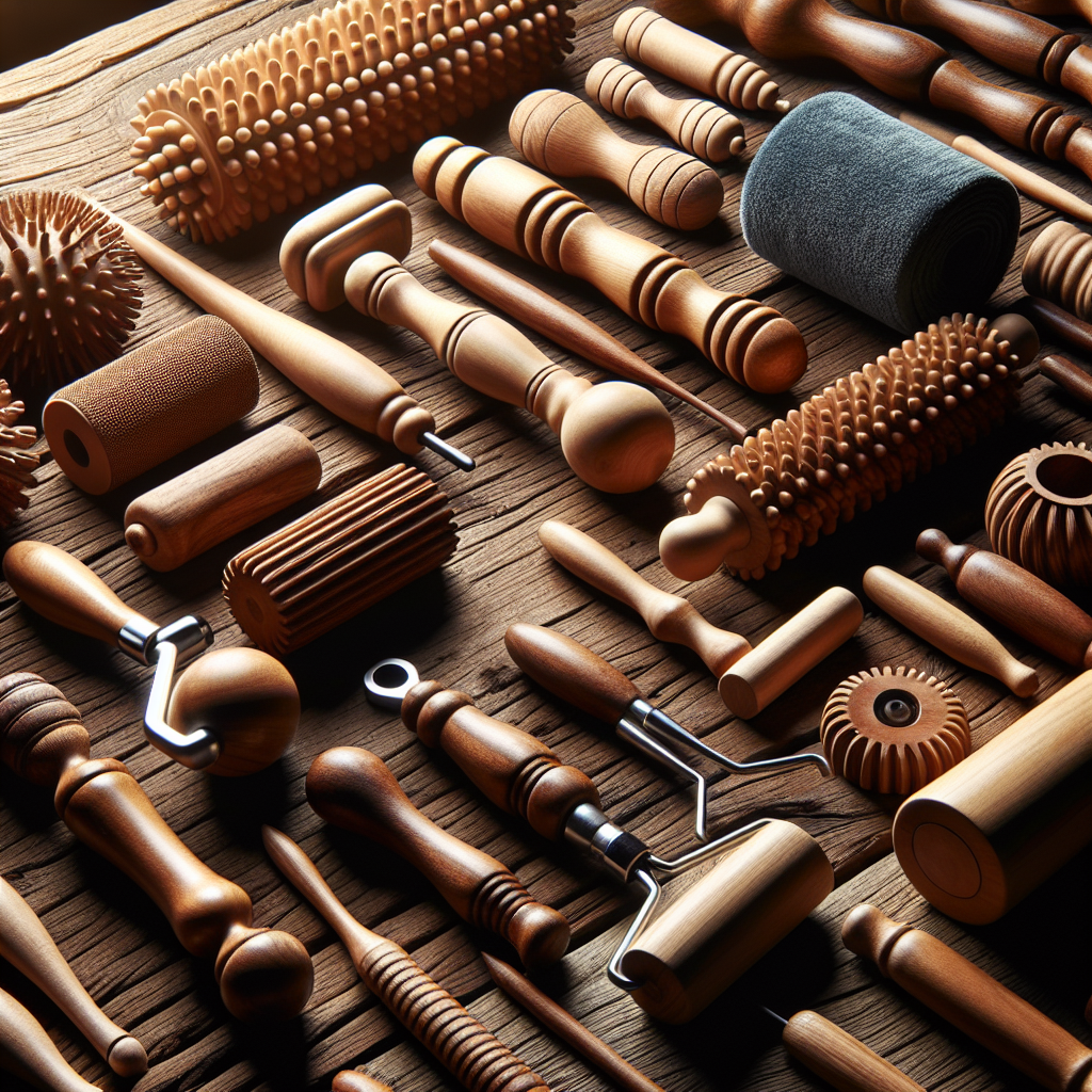 Wood therapy tools arranged neatly on a wooden surface.