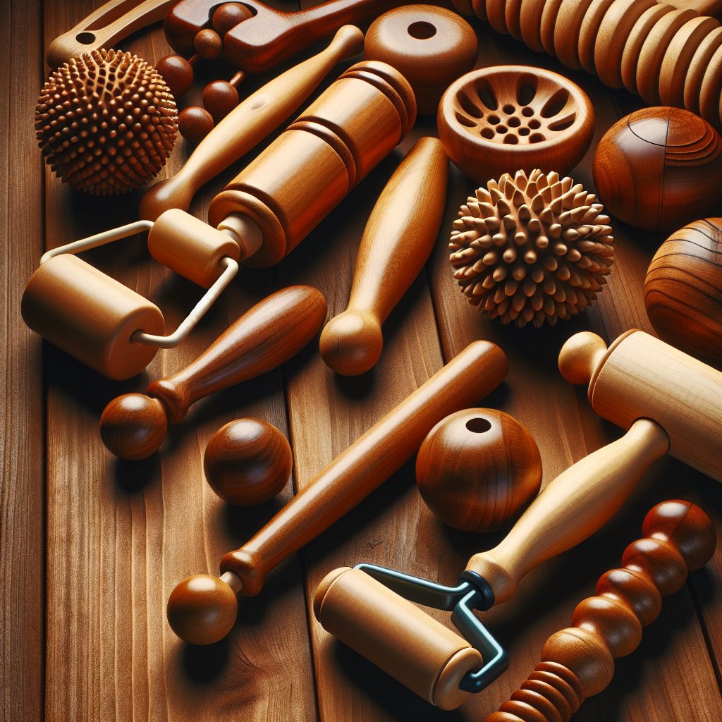 Realistic image of wood therapy tools on a wooden surface.