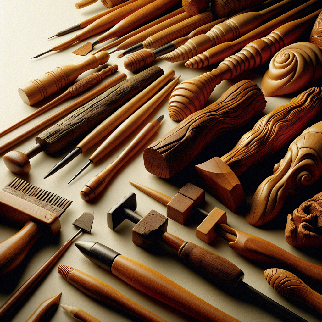 Realistic image of various wooden body sculpting tools.