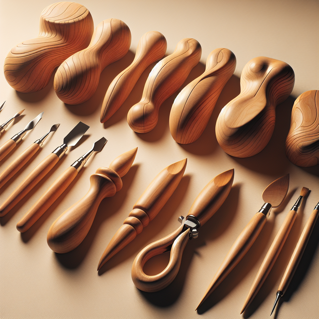 A realistic depiction of wooden body sculpting tools arranged on a neutral background.