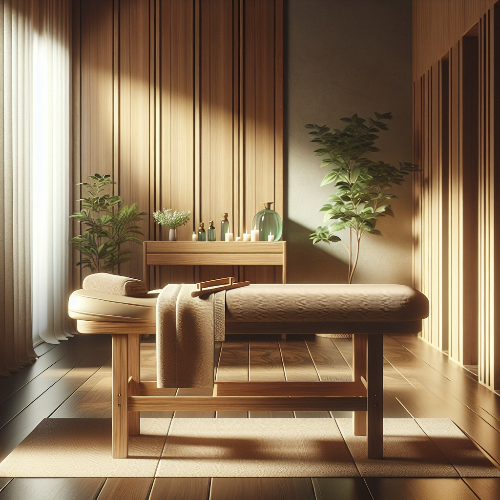 A realistic depiction of a wooden therapy massage introduction in a tranquil spa setting.