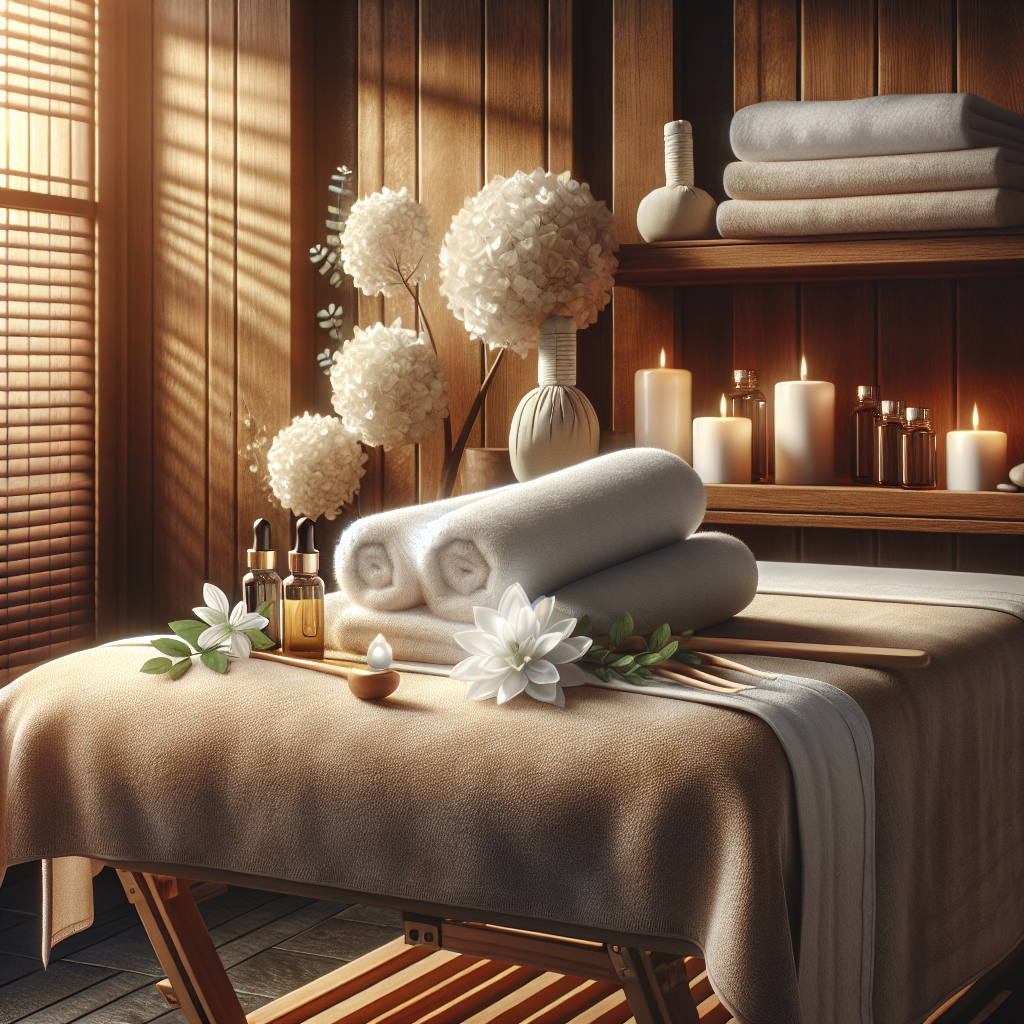 A serene wooden therapy massage scene with a wooden massage table, fluffy white towels, and essential oils in a calm spa setting.