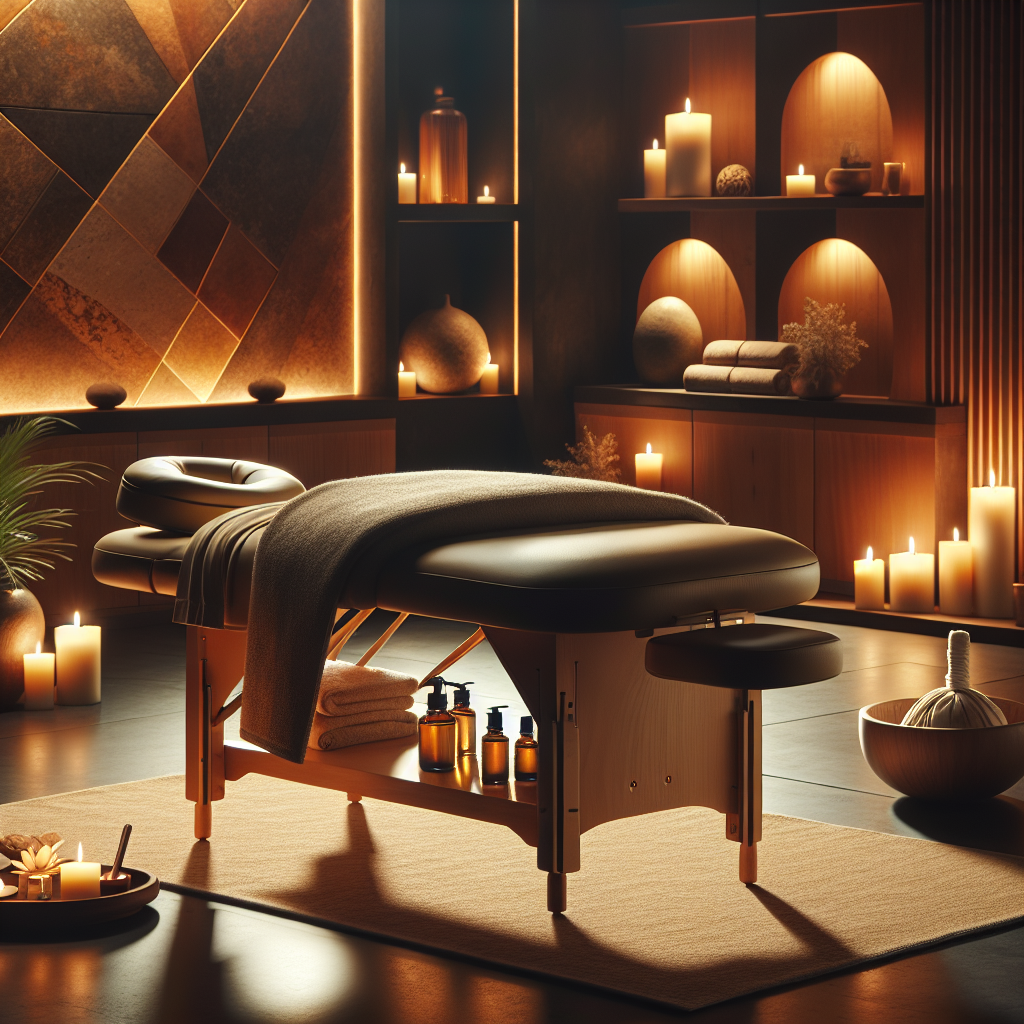 A wooden therapy massage setup in a serene and calm room with dim lighting.