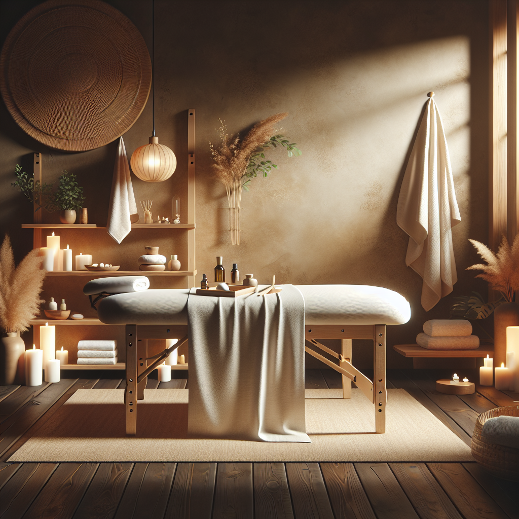 A realistic image of a serene wooden therapy massage scene with a wooden massage table, ambient lighting, and calming decor elements.