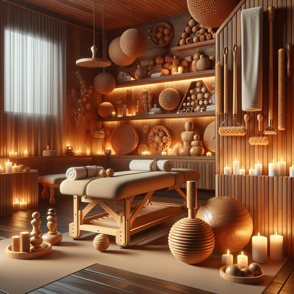 A realistic rendering of a home spa setup featuring maderoterapia.