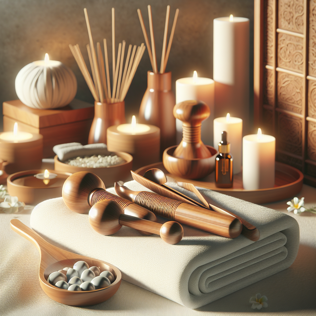 A realistic home spa scene featuring maderoterapia tools, soft natural lighting, and a calming ambiance.