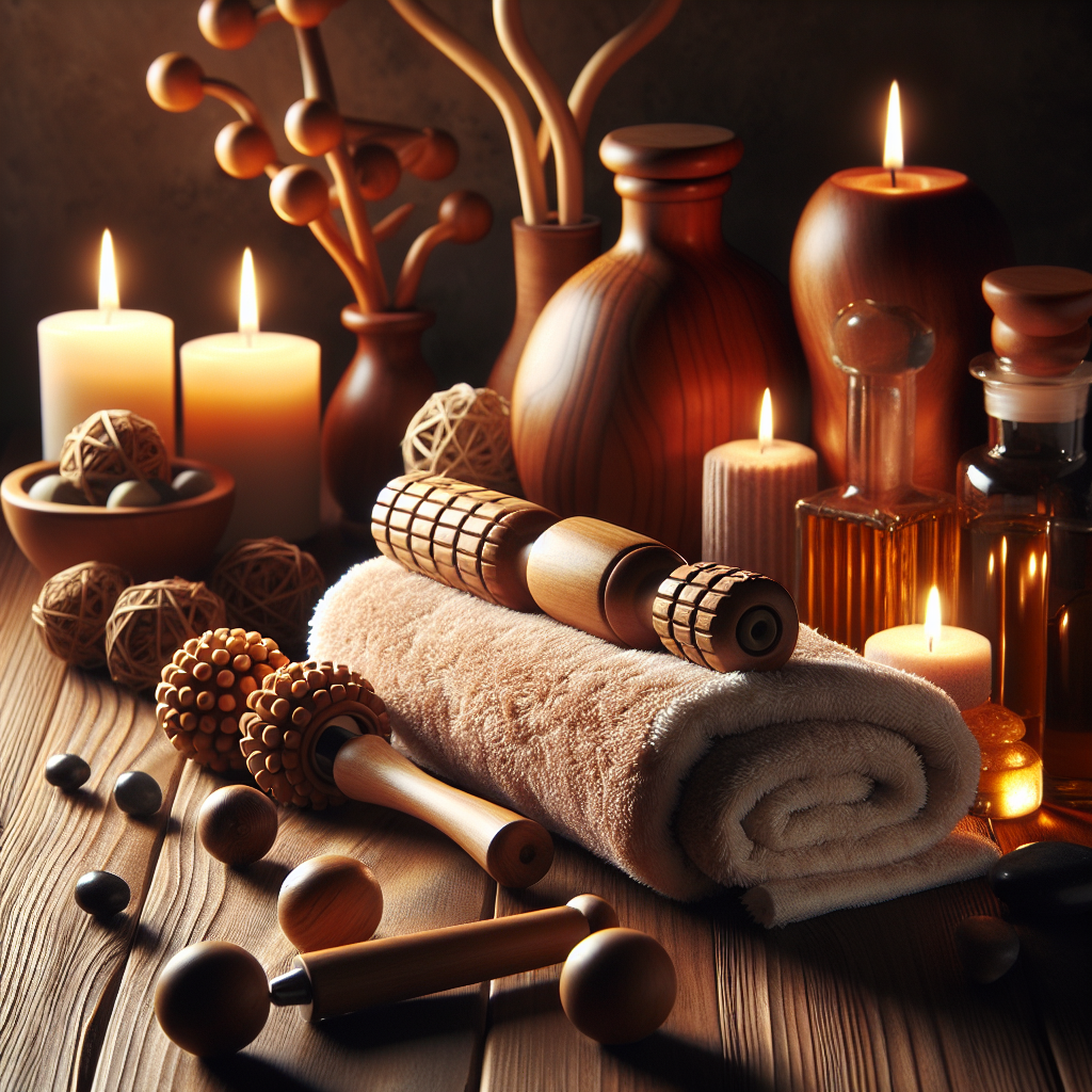 A home spa setup with maderoterapia tools and accessories.