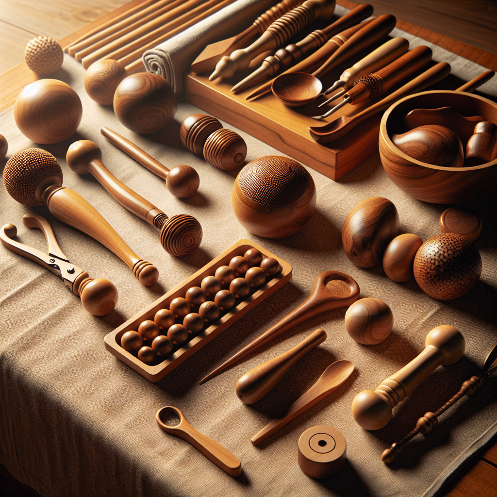 A collection of wood therapy massage tools on a wooden table in a realistic setting.