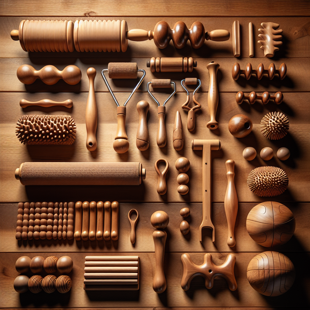 Wood therapy massage tools placed on a natural wooden surface.